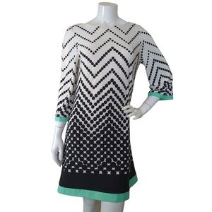 Eliza J Black White teal Polka Dot Knee Length 34 Sleeve Dress